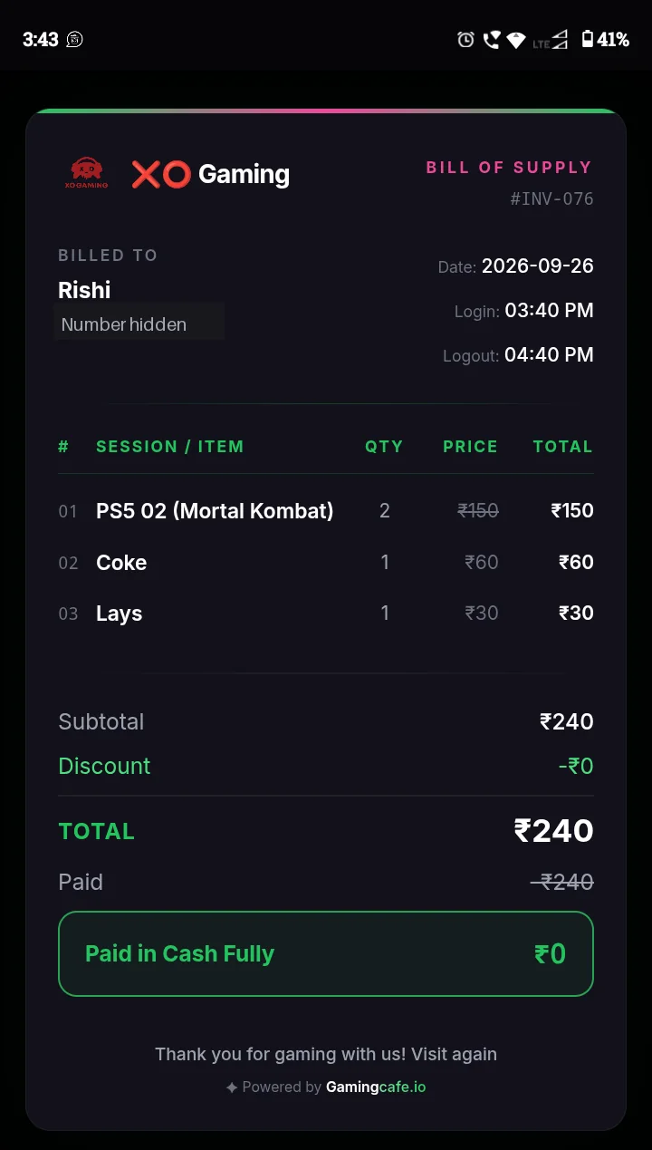 Actual PS5 session invoice showing play time, snacks, total and cash payment; customer phone number hidden