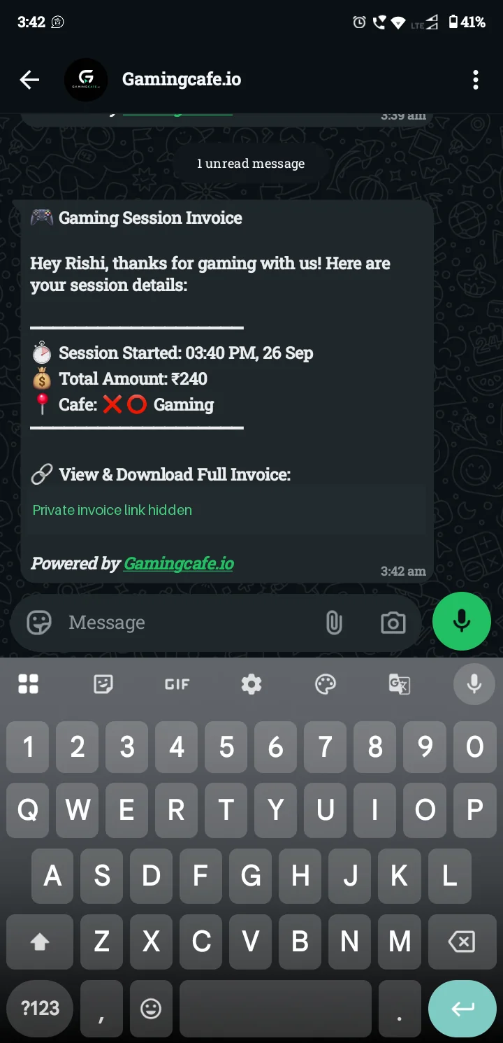 Real example of a gaming session invoice message received on WhatsApp, with the private invoice link hidden
