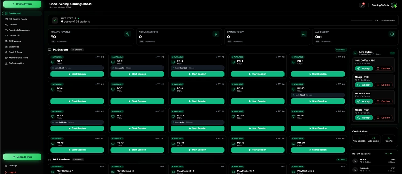 GamingCafe management dashboard showing PC station sessions, revenue chart, customer list and billing module
