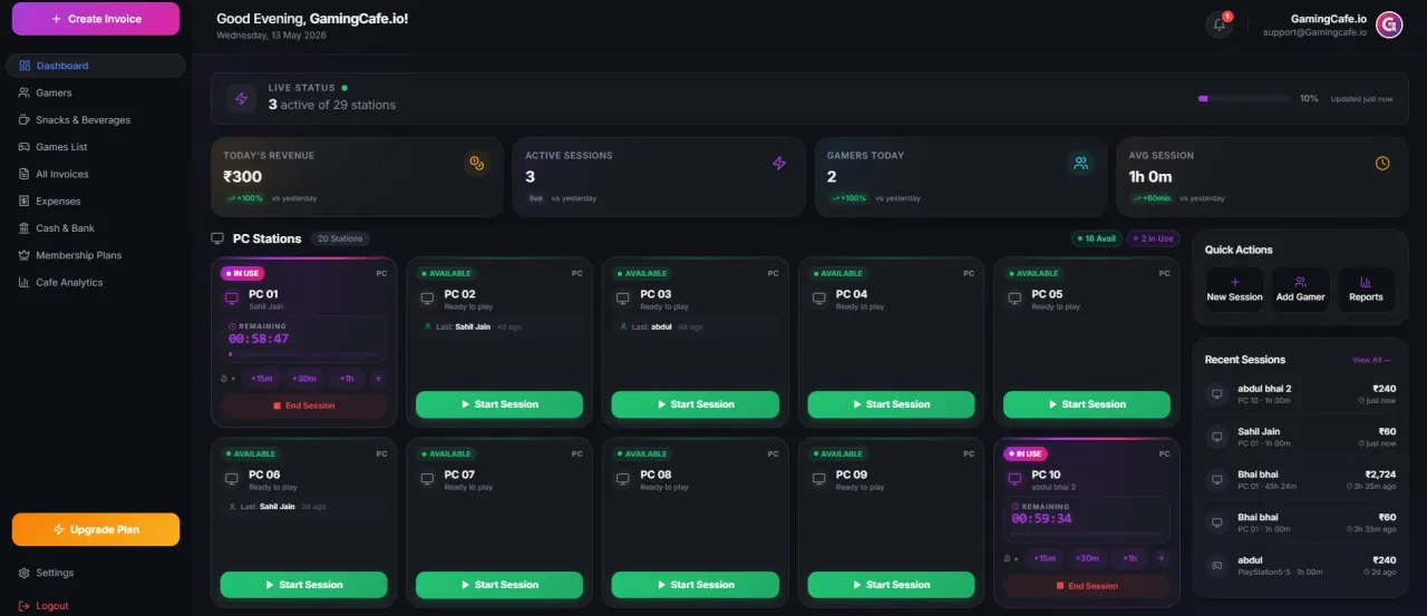 GamingCafe management dashboard showing PC station sessions, revenue chart, customer list and billing module